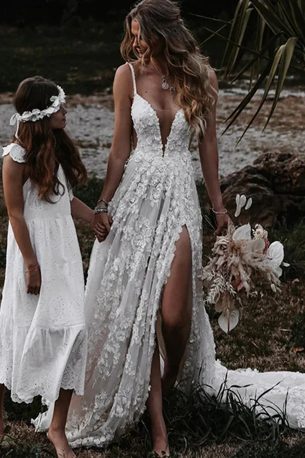 A-Line Straps Lace Beach Wedding Dress Boho Bridal Gown With Split WD657