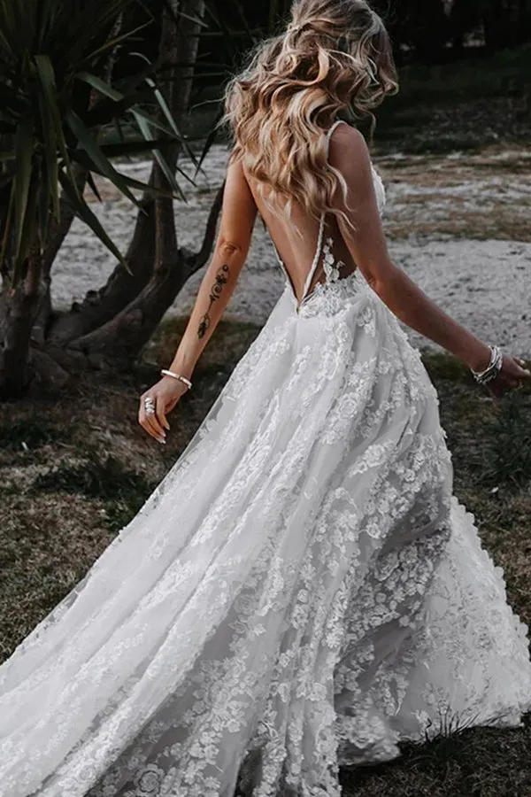 A-Line Straps Lace Beach Wedding Dress Boho Bridal Gown With Split WD657