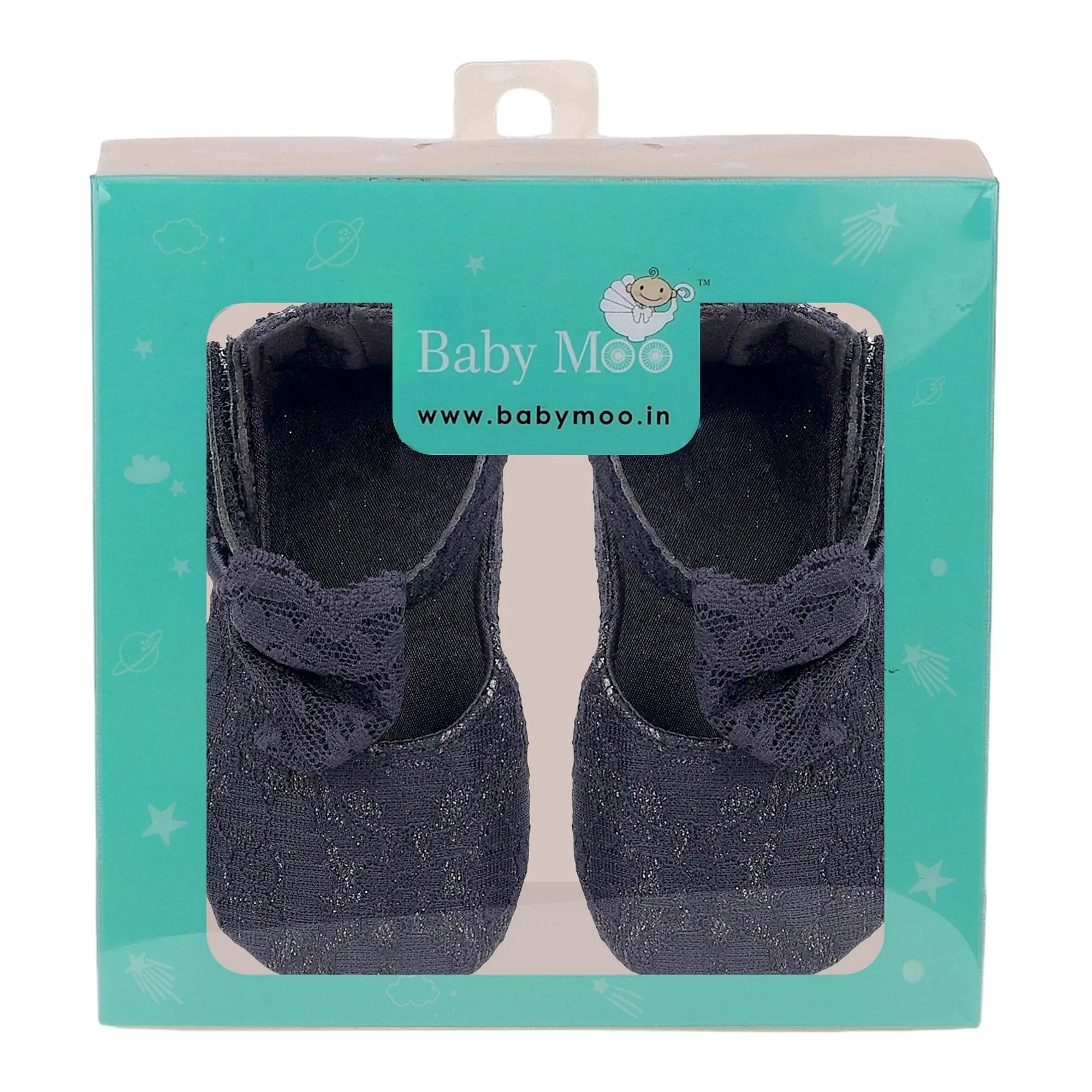 Baby Moo Princess Bow Knot Textured Anti-Skid Ballerina Booties - Black