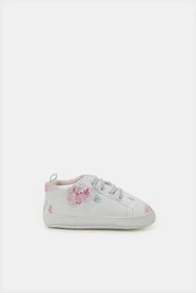 Baby White Flower Print Pram Shoe