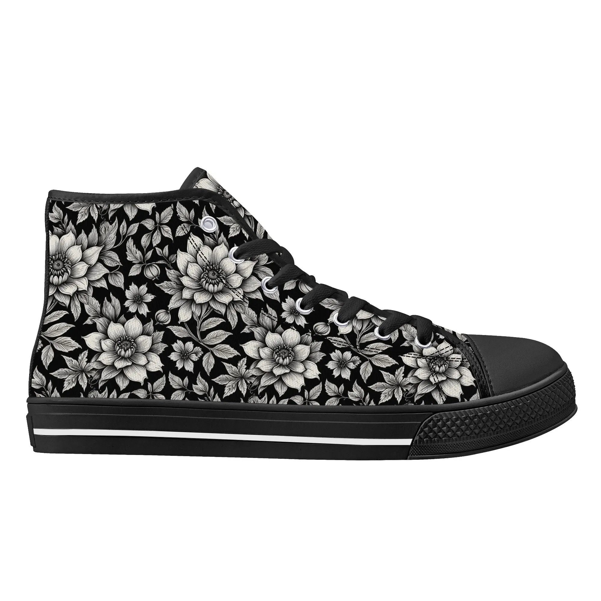 Black and White Bloom Womens High Top Canvas Shoes