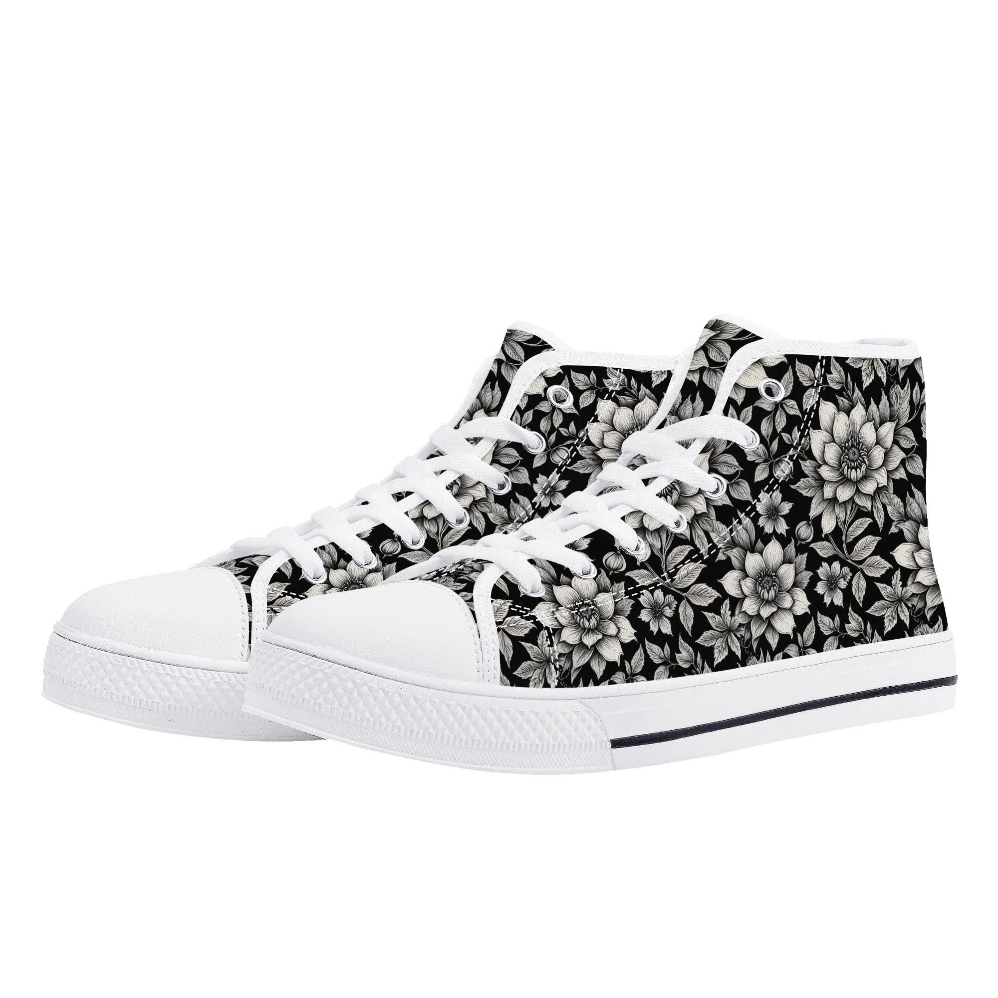 Black and White Bloom Womens High Top Canvas Shoes