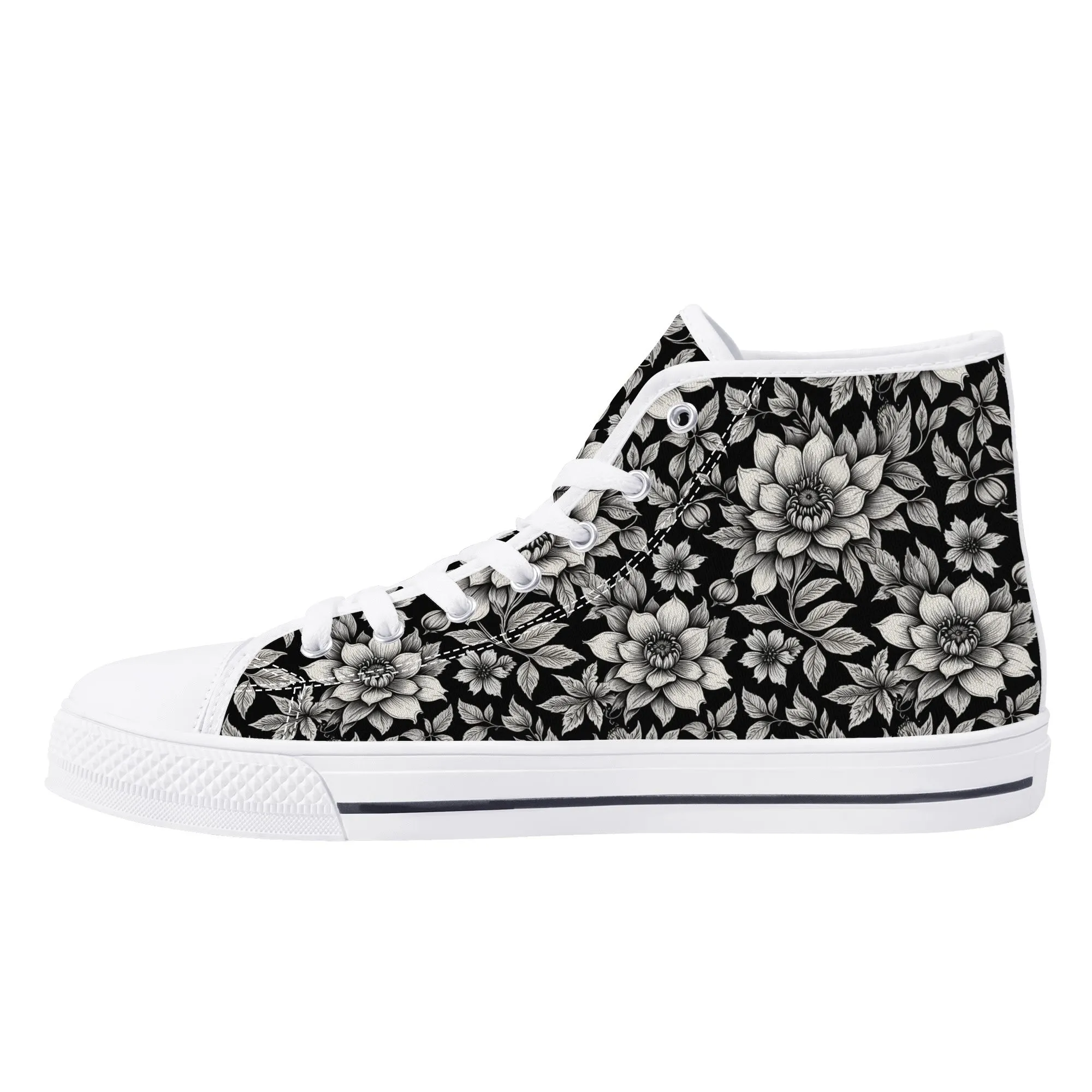 Black and White Bloom Womens High Top Canvas Shoes