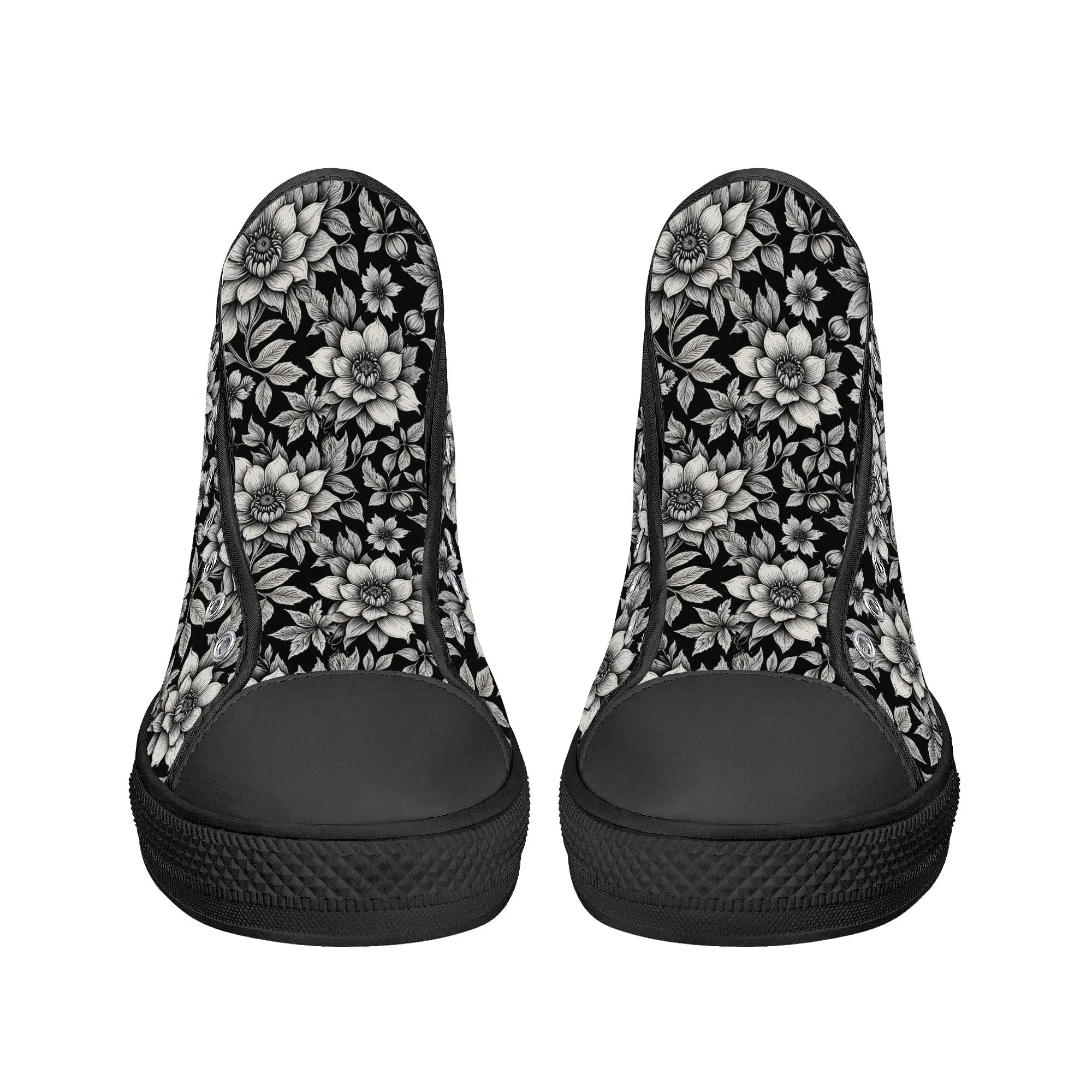 Black and White Bloom Womens High Top Canvas Shoes