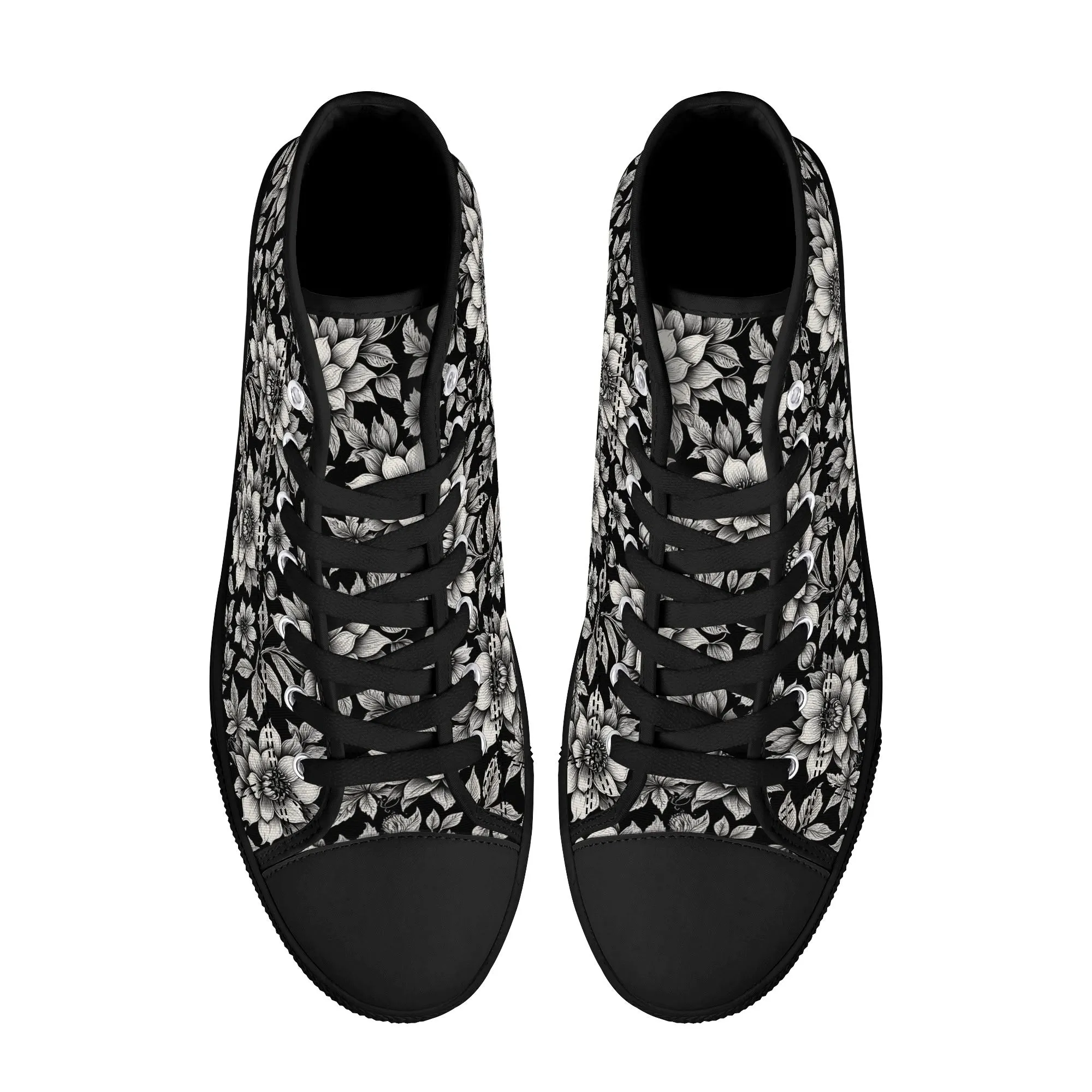 Black and White Bloom Womens High Top Canvas Shoes