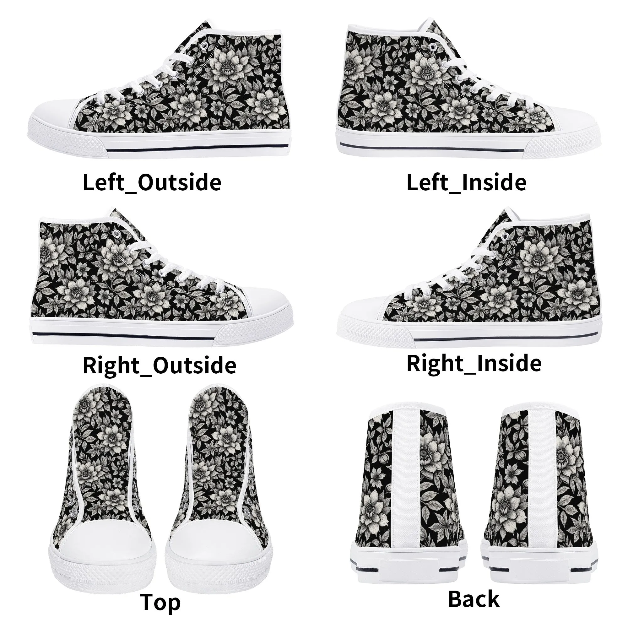 Black and White Bloom Womens High Top Canvas Shoes