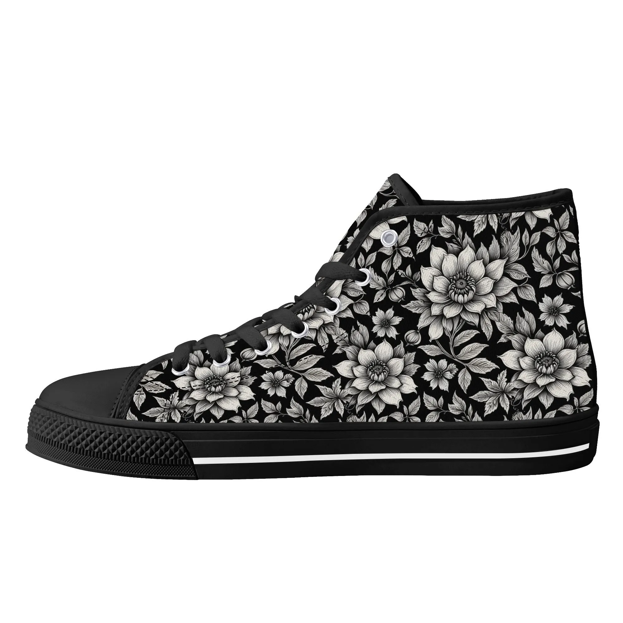 Black and White Bloom Womens High Top Canvas Shoes