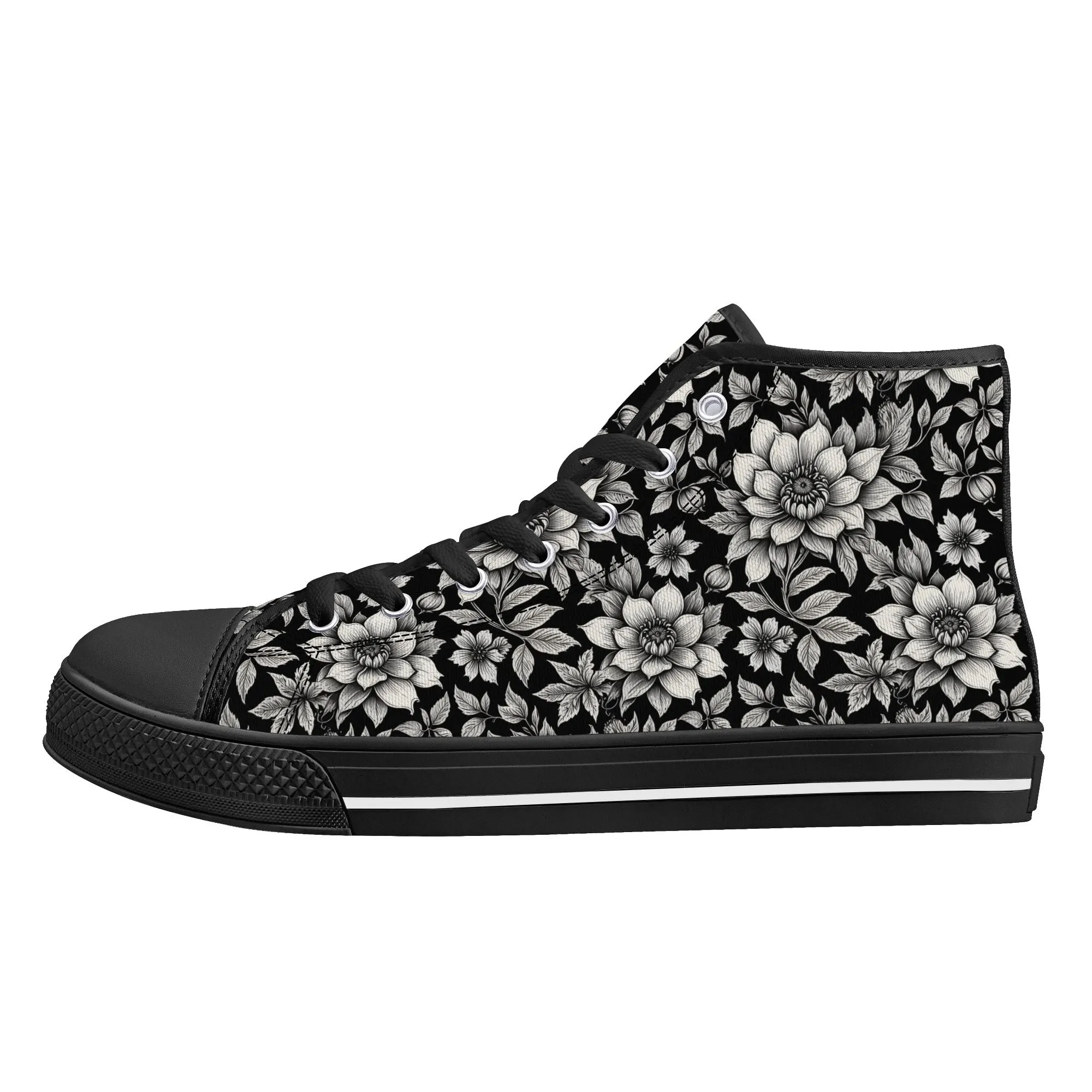 Black and White Bloom Womens High Top Canvas Shoes