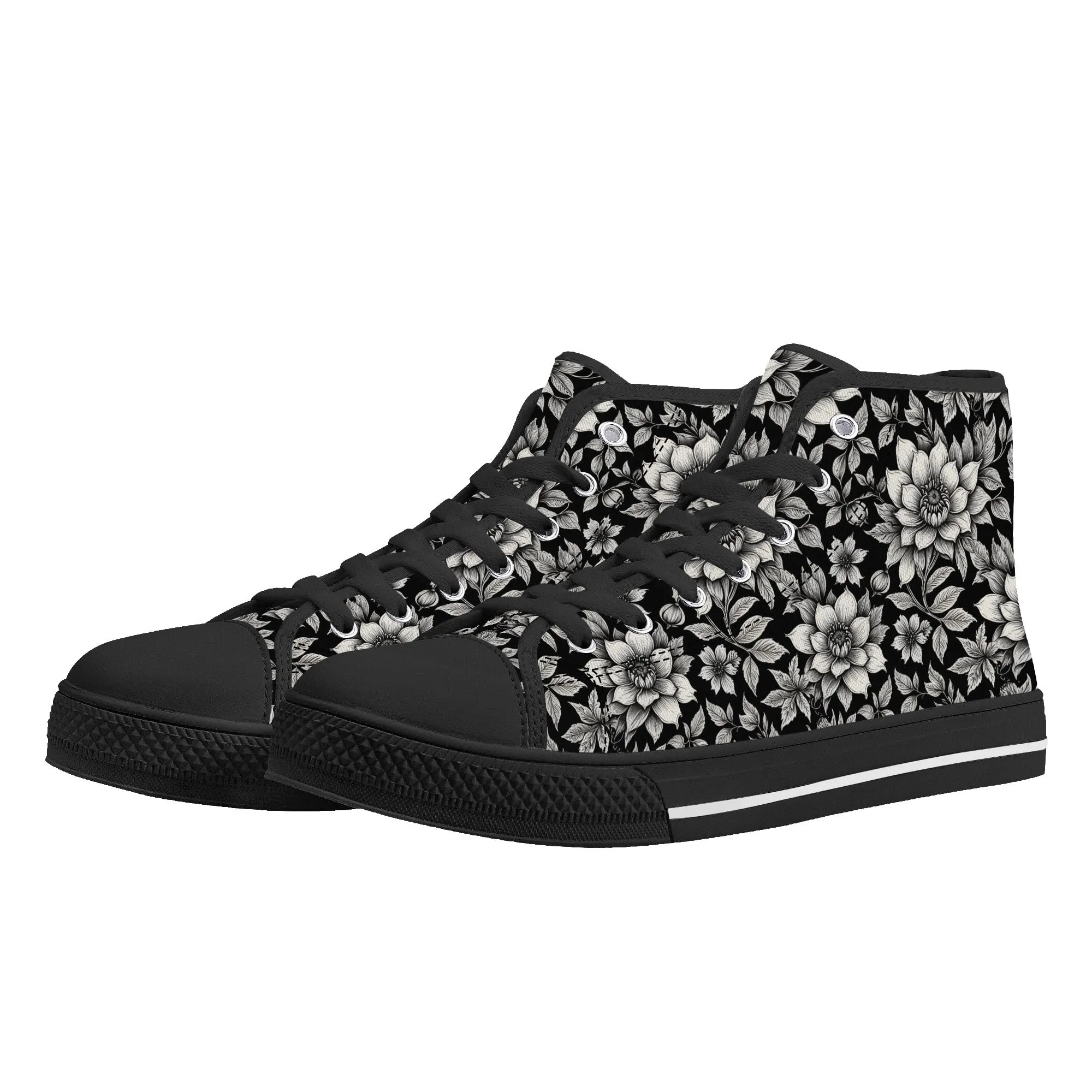 Black and White Bloom Womens High Top Canvas Shoes