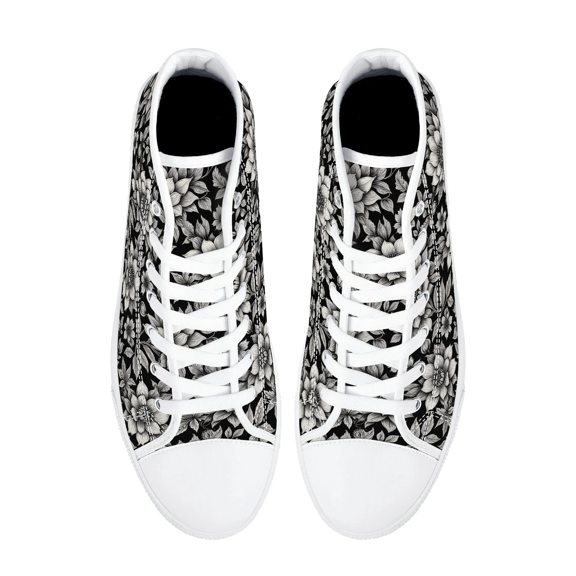 Black and White Bloom Womens High Top Canvas Shoes