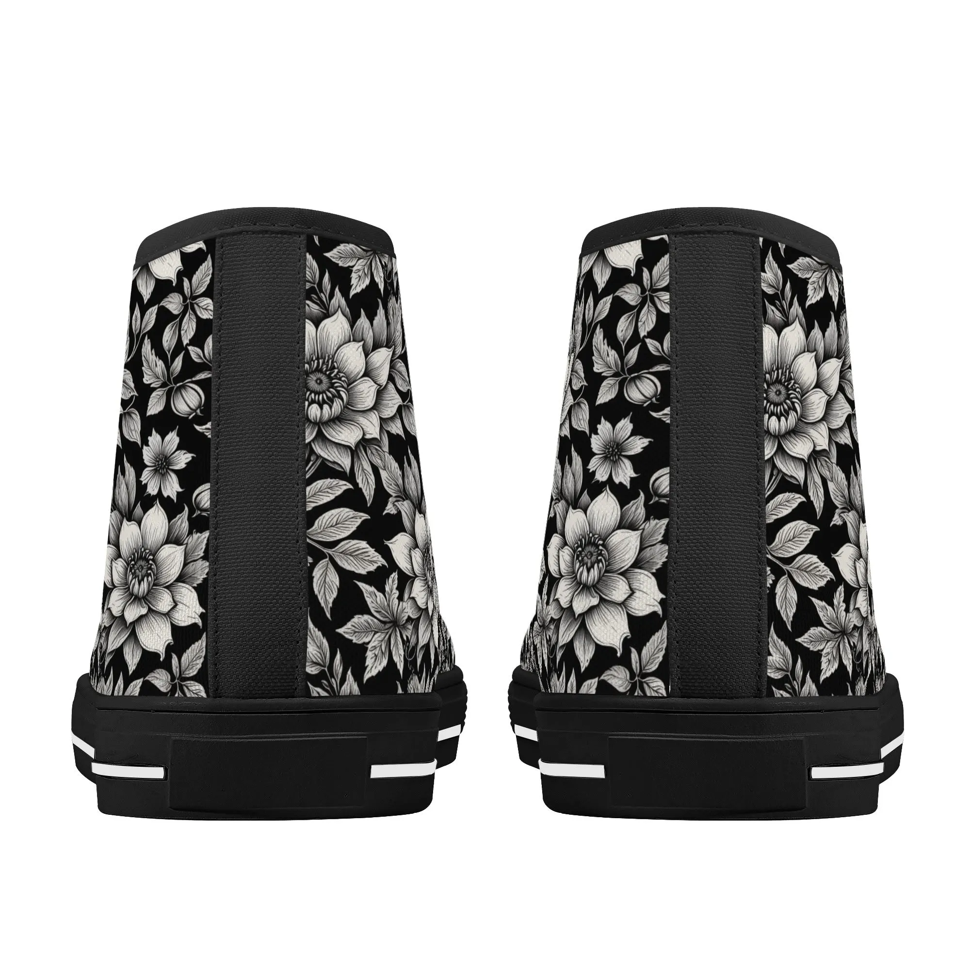 Black and White Bloom Womens High Top Canvas Shoes