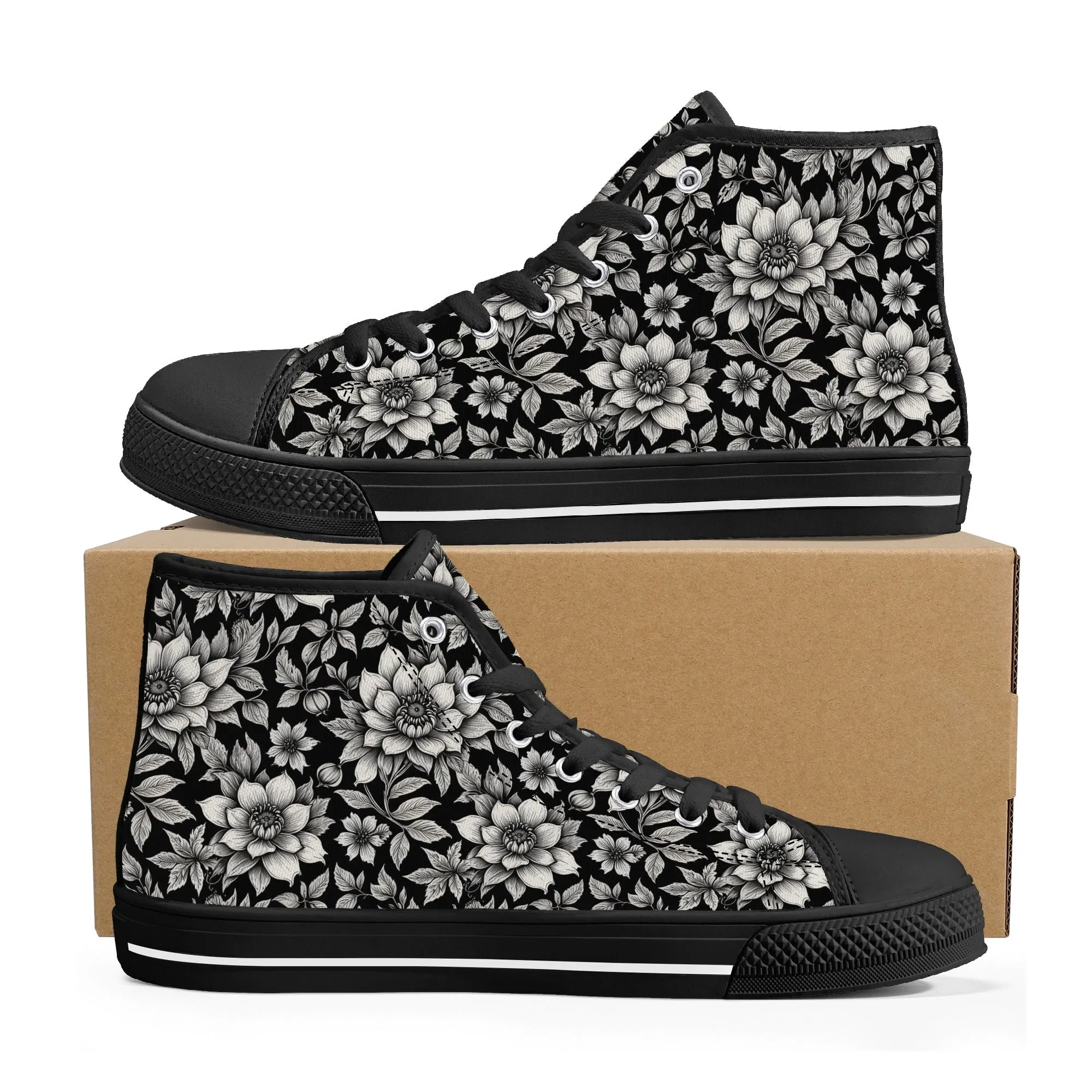 Black and White Bloom Womens High Top Canvas Shoes