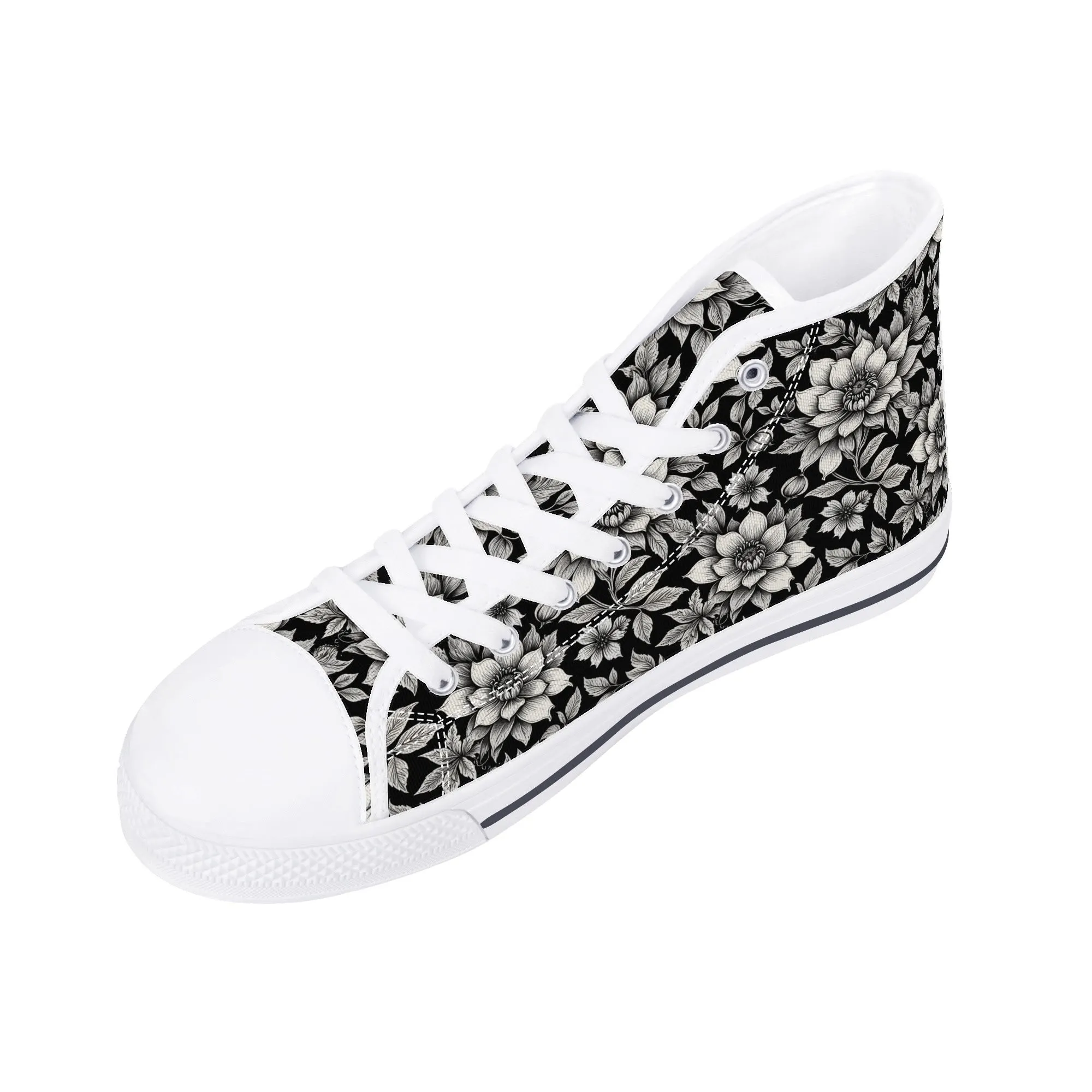 Black and White Bloom Womens High Top Canvas Shoes