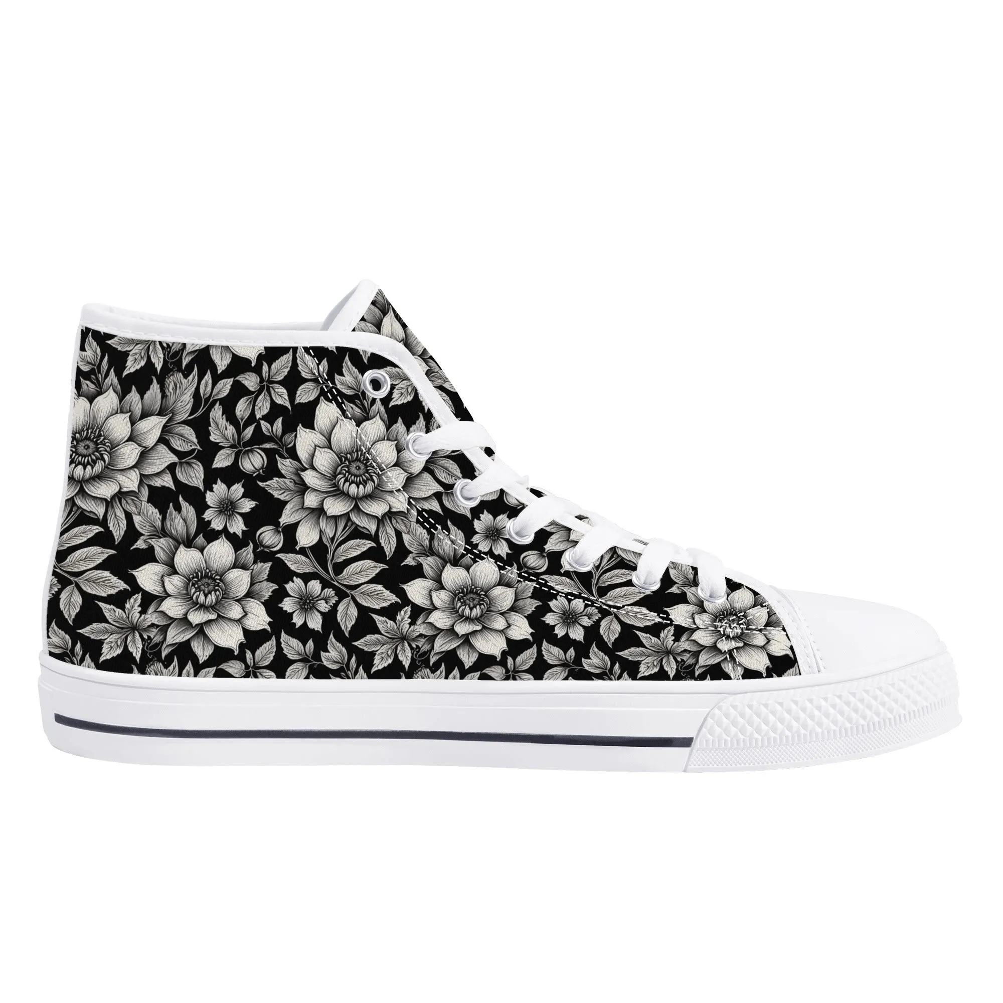 Black and White Bloom Womens High Top Canvas Shoes