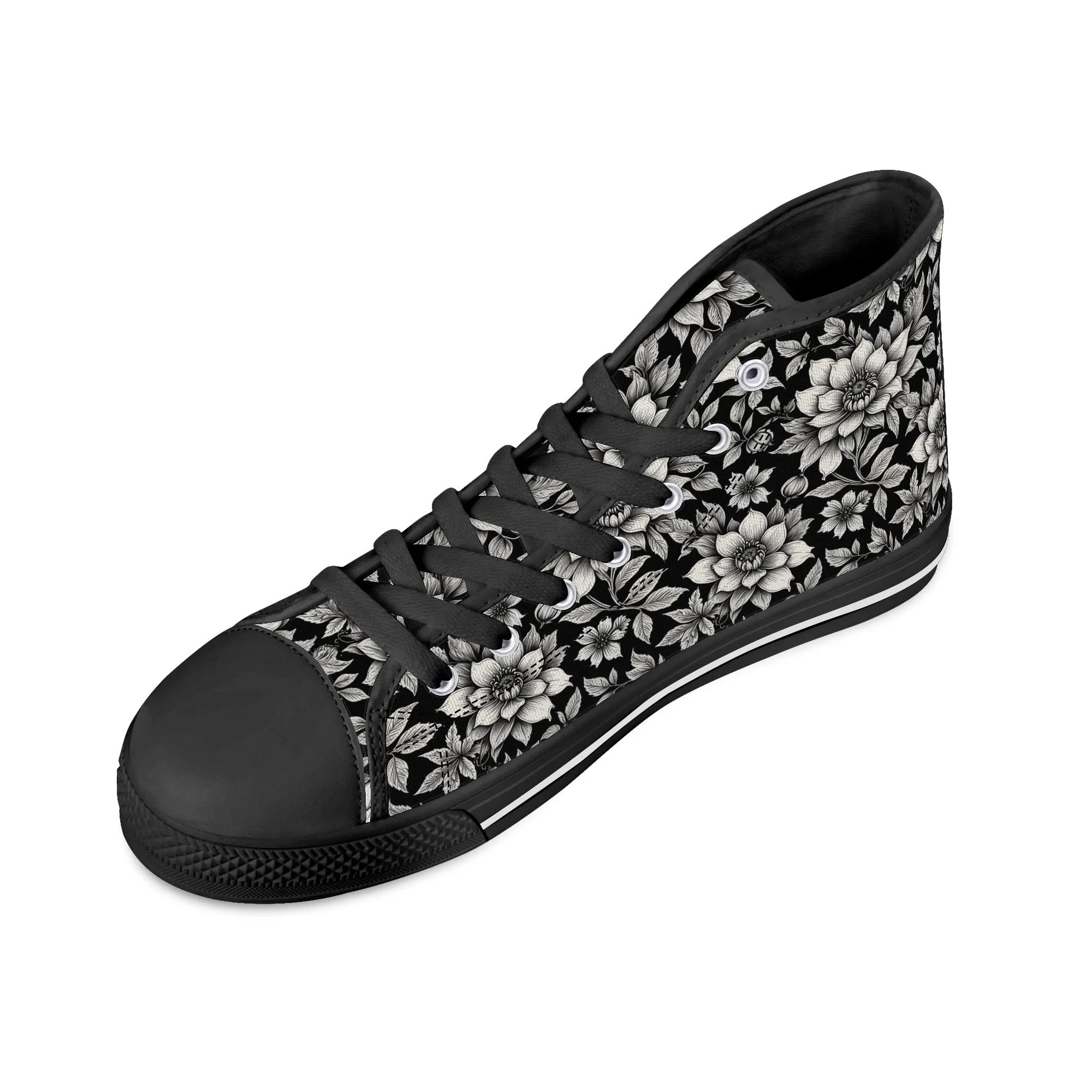 Black and White Bloom Womens High Top Canvas Shoes