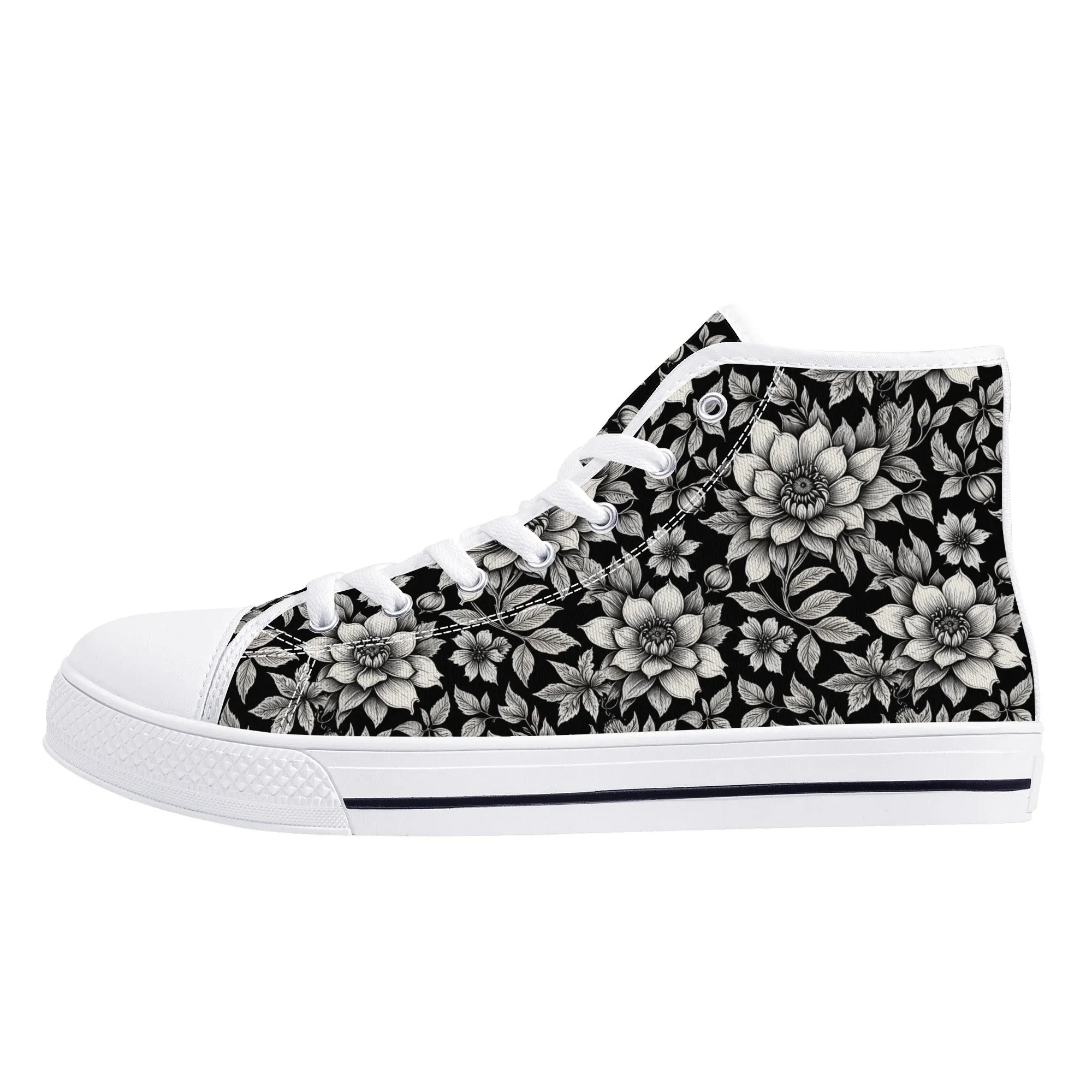 Black and White Bloom Womens High Top Canvas Shoes