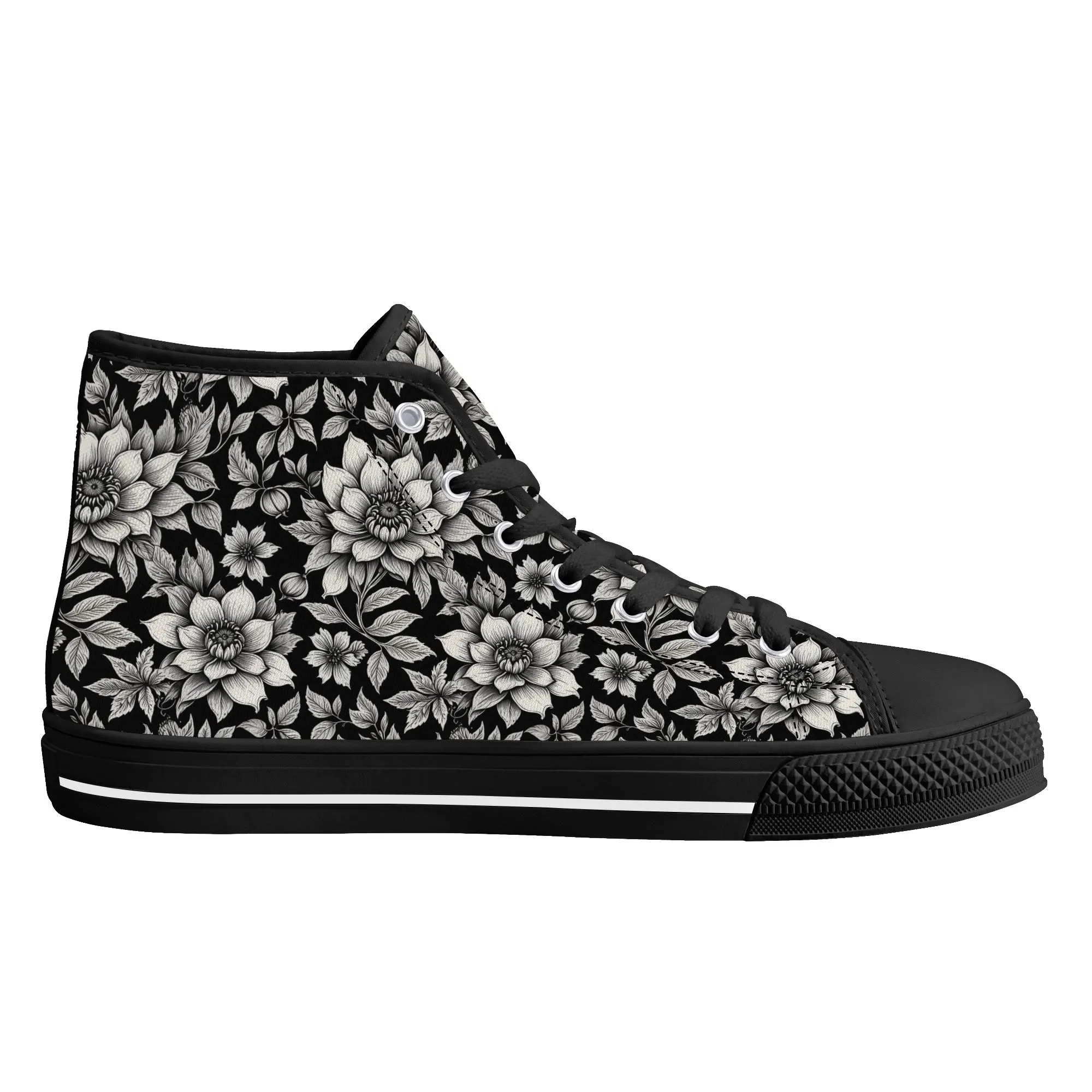 Black and White Bloom Womens High Top Canvas Shoes