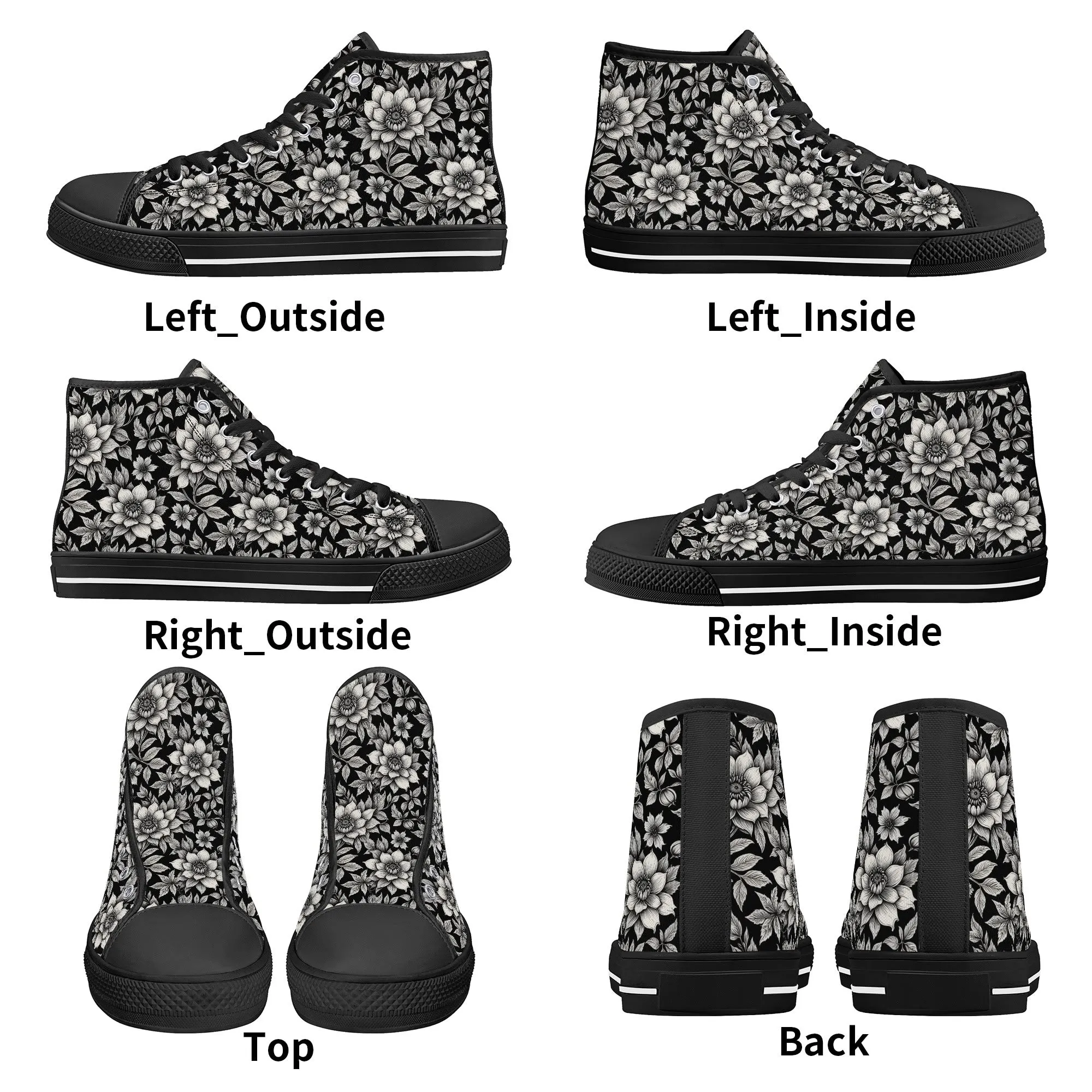 Black and White Bloom Womens High Top Canvas Shoes