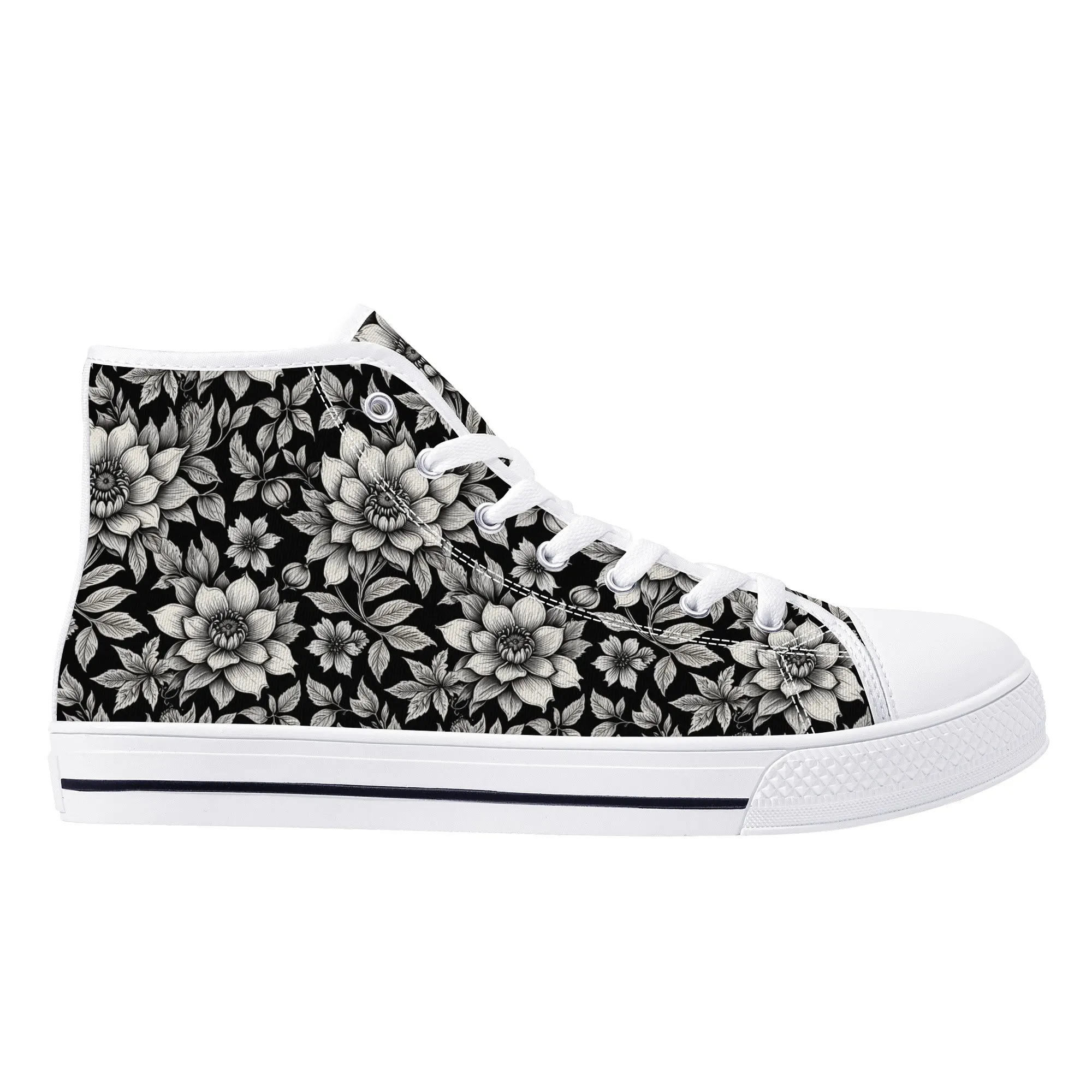 Black and White Bloom Womens High Top Canvas Shoes