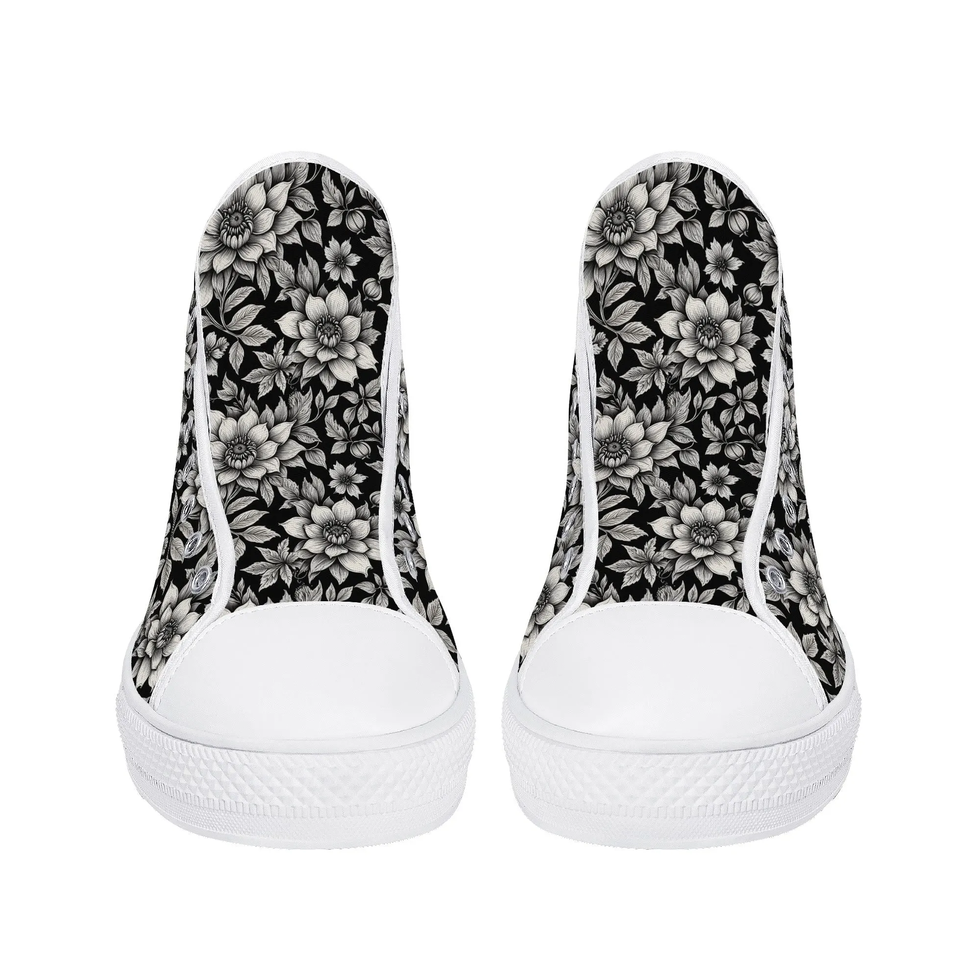 Black and White Bloom Womens High Top Canvas Shoes