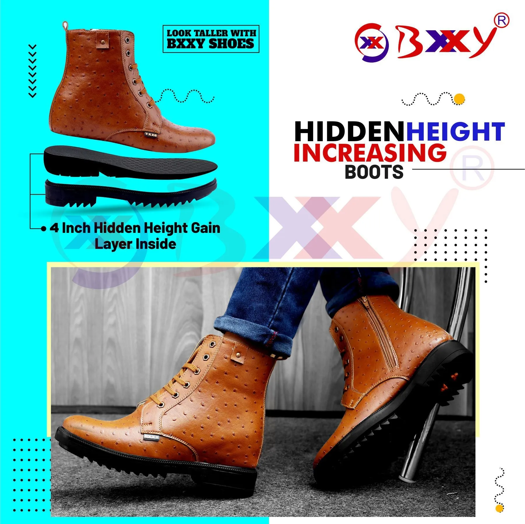 Bxxy's 4 Inch Hidden Height Increasing Faux Leather Textured Boots for Men