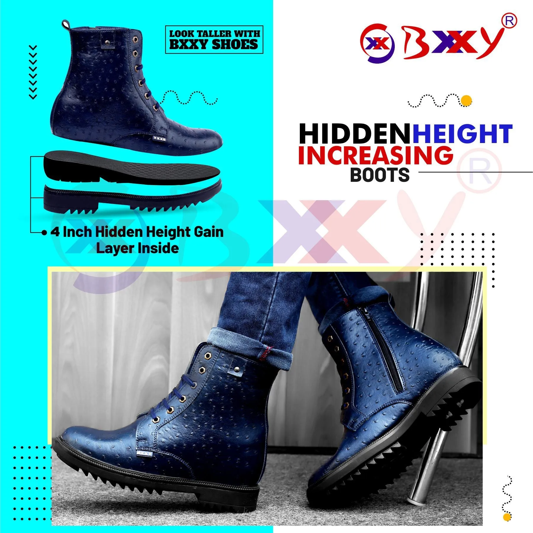 Bxxy's 4 Inch Hidden Height Increasing Faux Leather Textured Boots for Men