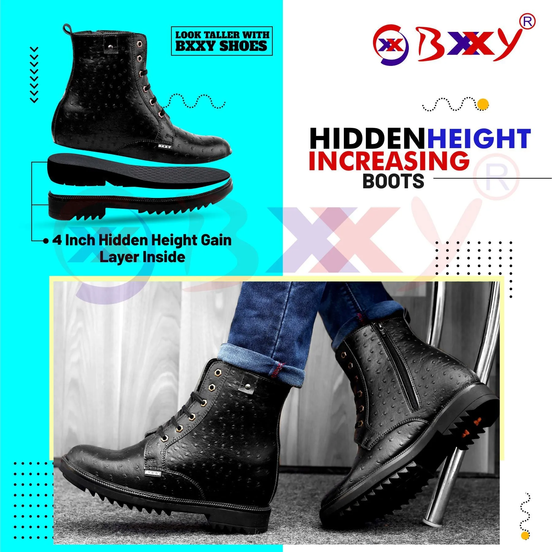 Bxxy's 4 Inch Hidden Height Increasing Faux Leather Textured Boots for Men