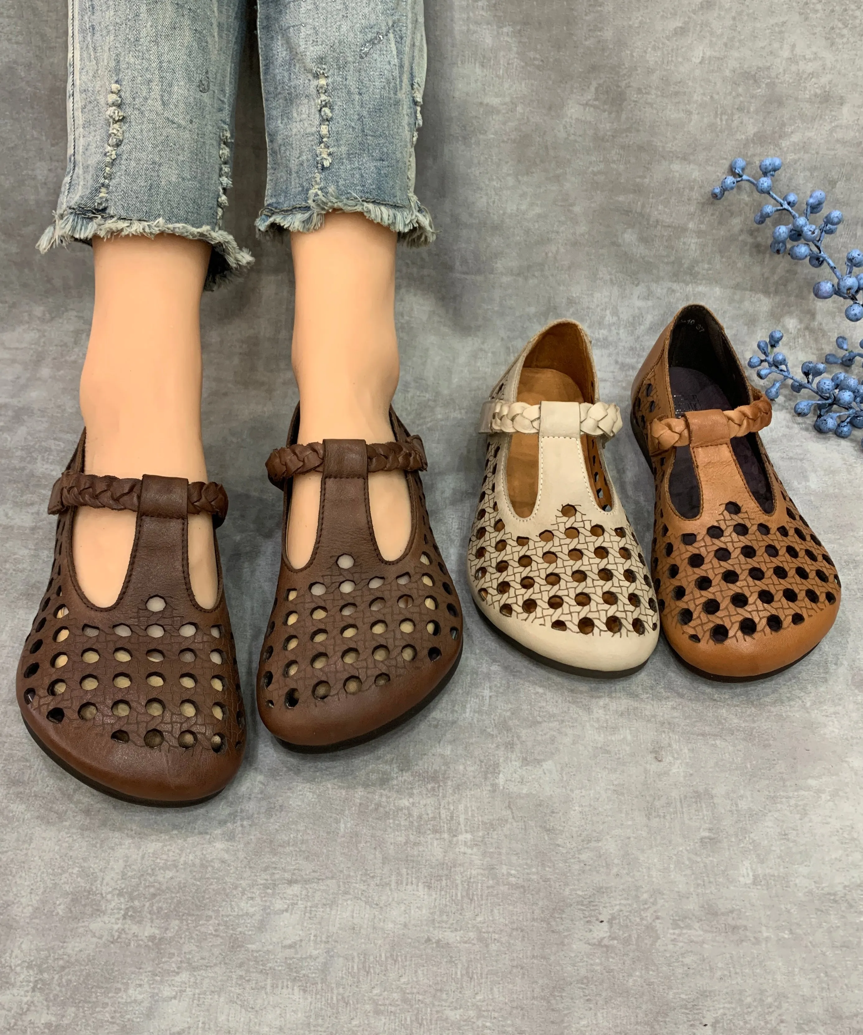 Casual Comfy Coffee Flat Shoes Hollow Out Cowhide Leather RT1019