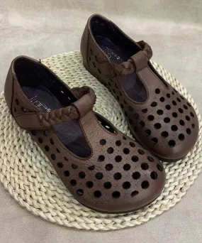 Casual Comfy Coffee Flat Shoes Hollow Out Cowhide Leather RT1019