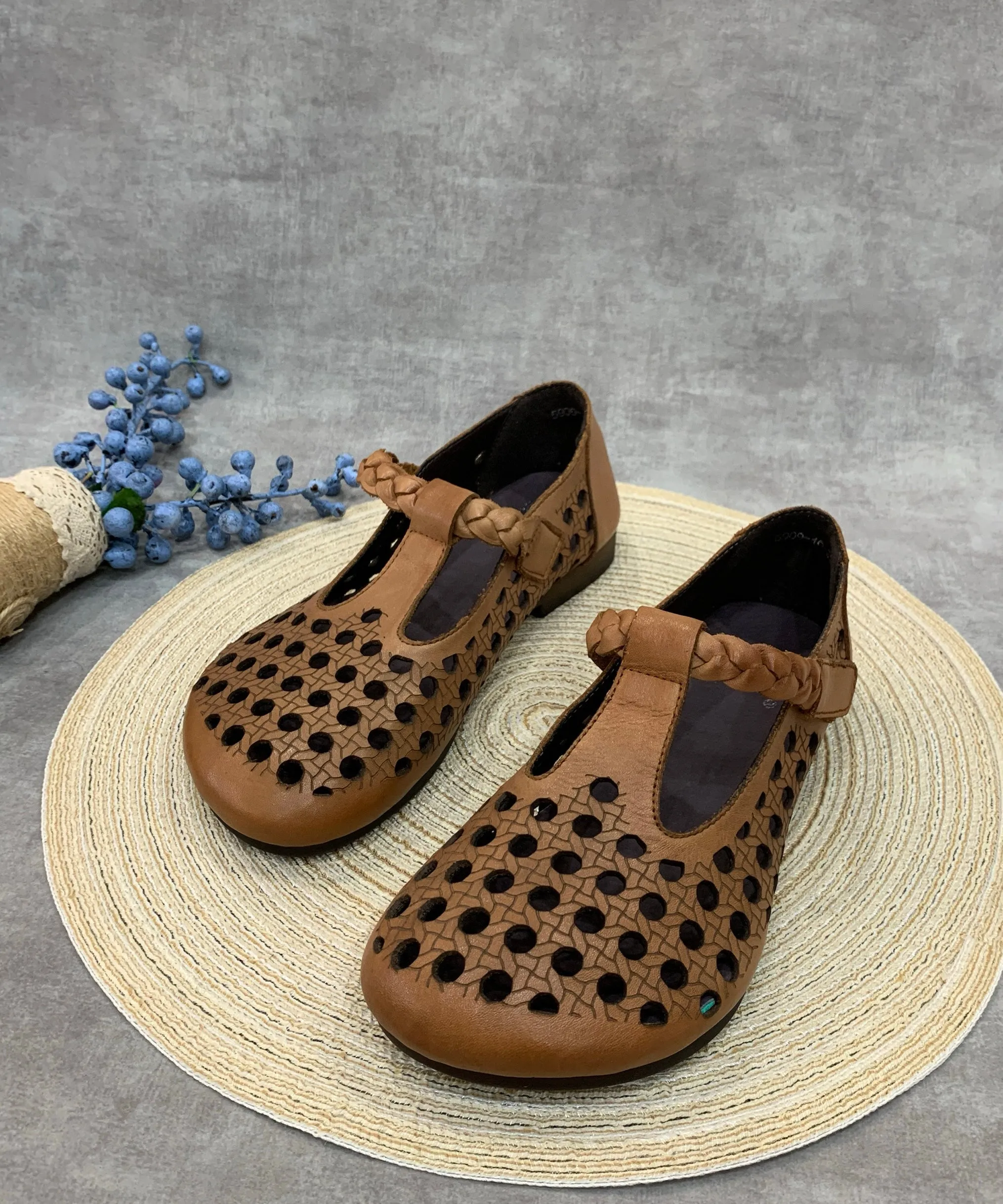 Casual Comfy Coffee Flat Shoes Hollow Out Cowhide Leather RT1019