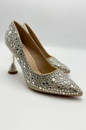 Elara Diamante Court Shoes Spool Heels in Gold