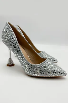 Elara Diamante Court Shoes Spool Heels in Silver