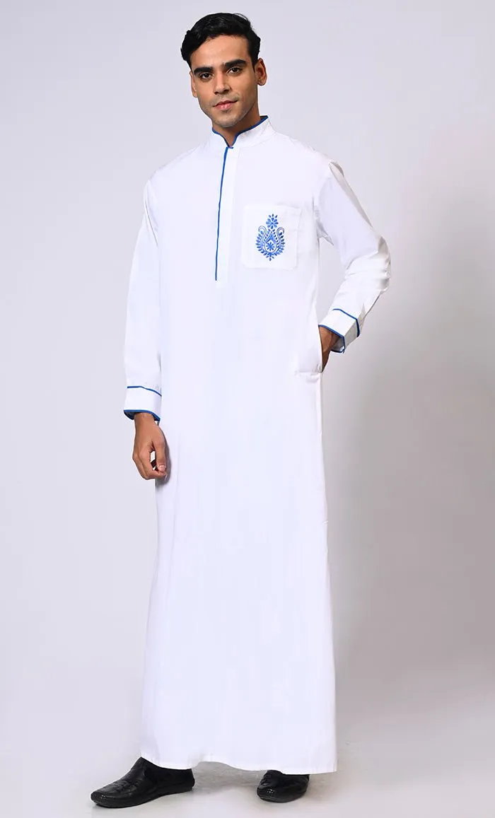 Elevated Elegance: Embroidered Men's White Thobe with Contrast Accents