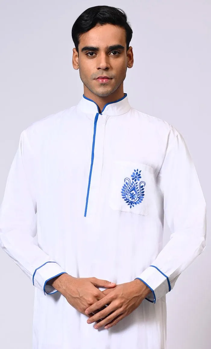 Elevated Elegance: Embroidered Men's White Thobe with Contrast Accents