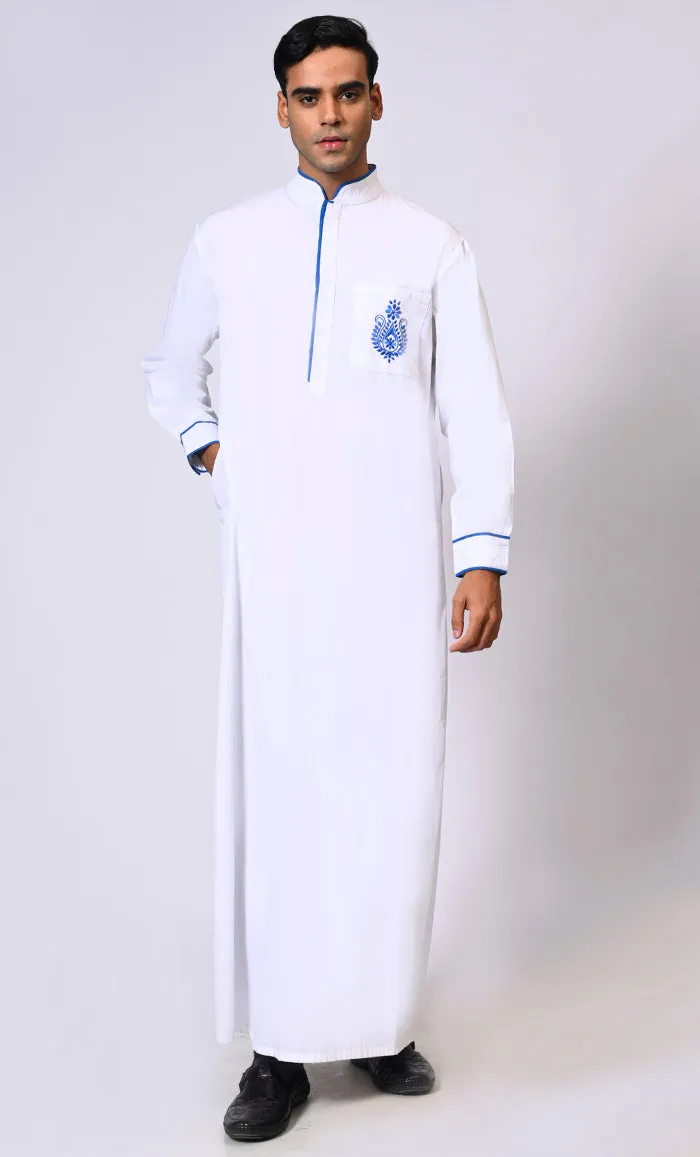 Elevated Elegance: Embroidered Men's White Thobe with Contrast Accents