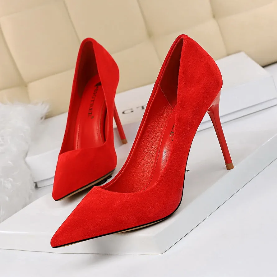 Fashionable Simple Stiletto Heel Suede Shallow Mouth Pointed High Heels Women Shoes Sexy Slimming Pumps