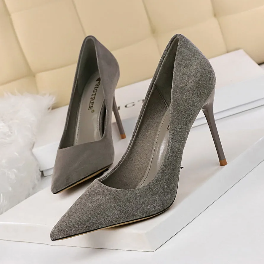 Fashionable Simple Stiletto Heel Suede Shallow Mouth Pointed High Heels Women Shoes Sexy Slimming Pumps