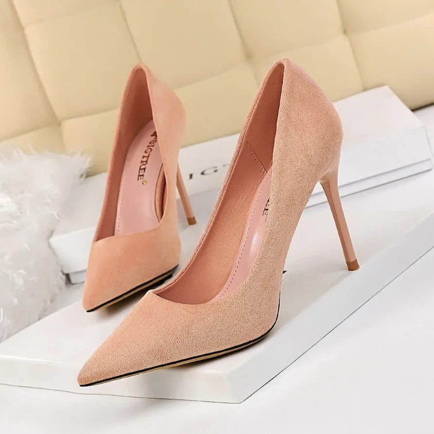 Fashionable Simple Stiletto Heel Suede Shallow Mouth Pointed High Heels Women Shoes Sexy Slimming Pumps