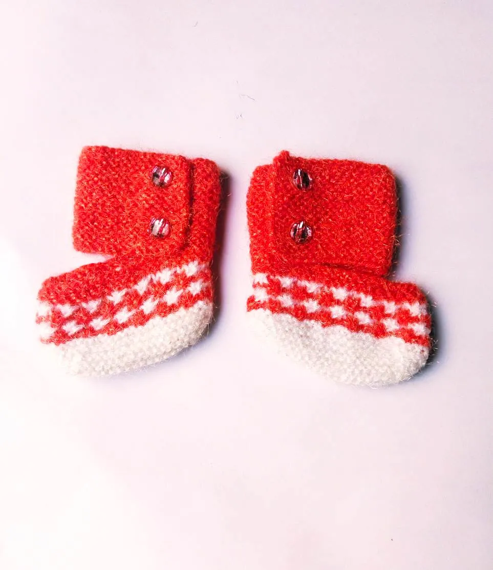 Good Quality Brick & White Color Hand Crochet Woolen Baby Booties For 6 - 12 Month