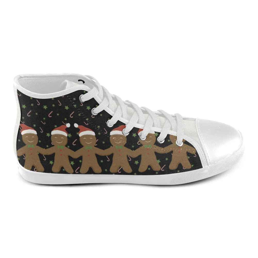 Kid's Ginger Bread Christmas Print Canvas High Top Shoes (White)