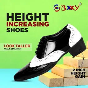 Men's Height Increasing Black and White Faux Leather Mafia Oxford Brogue Lace-Up Shoes