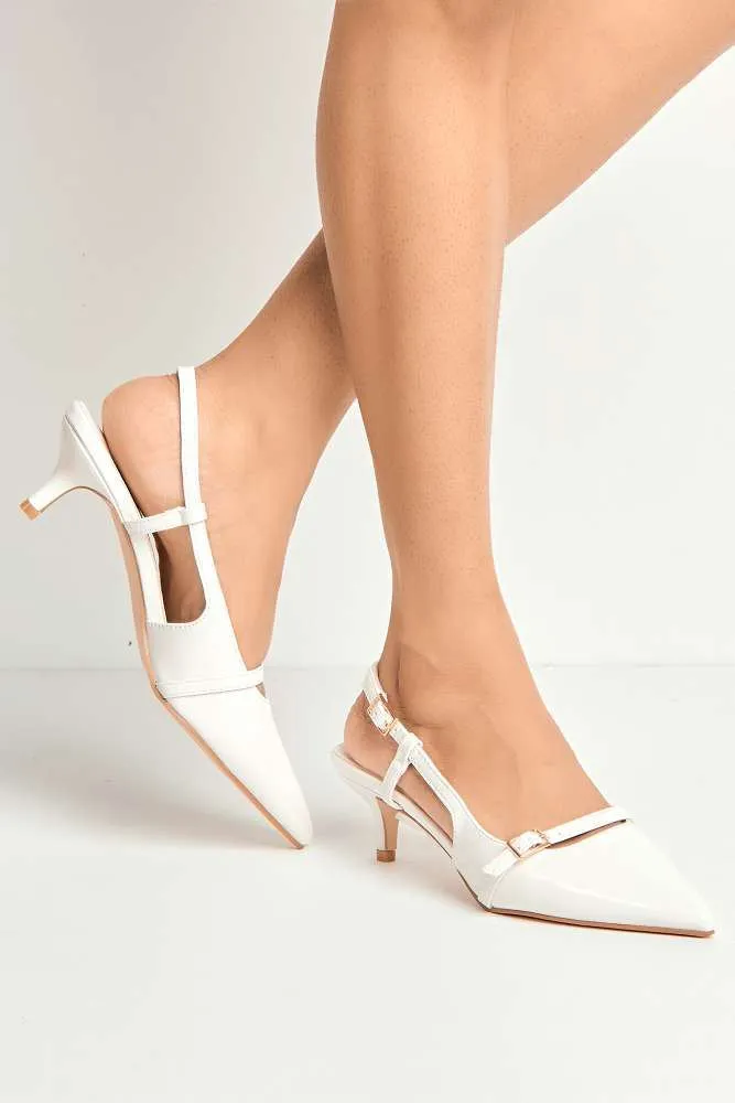 Moranna Buckle Strap Kitten Heel Court Shoes in White