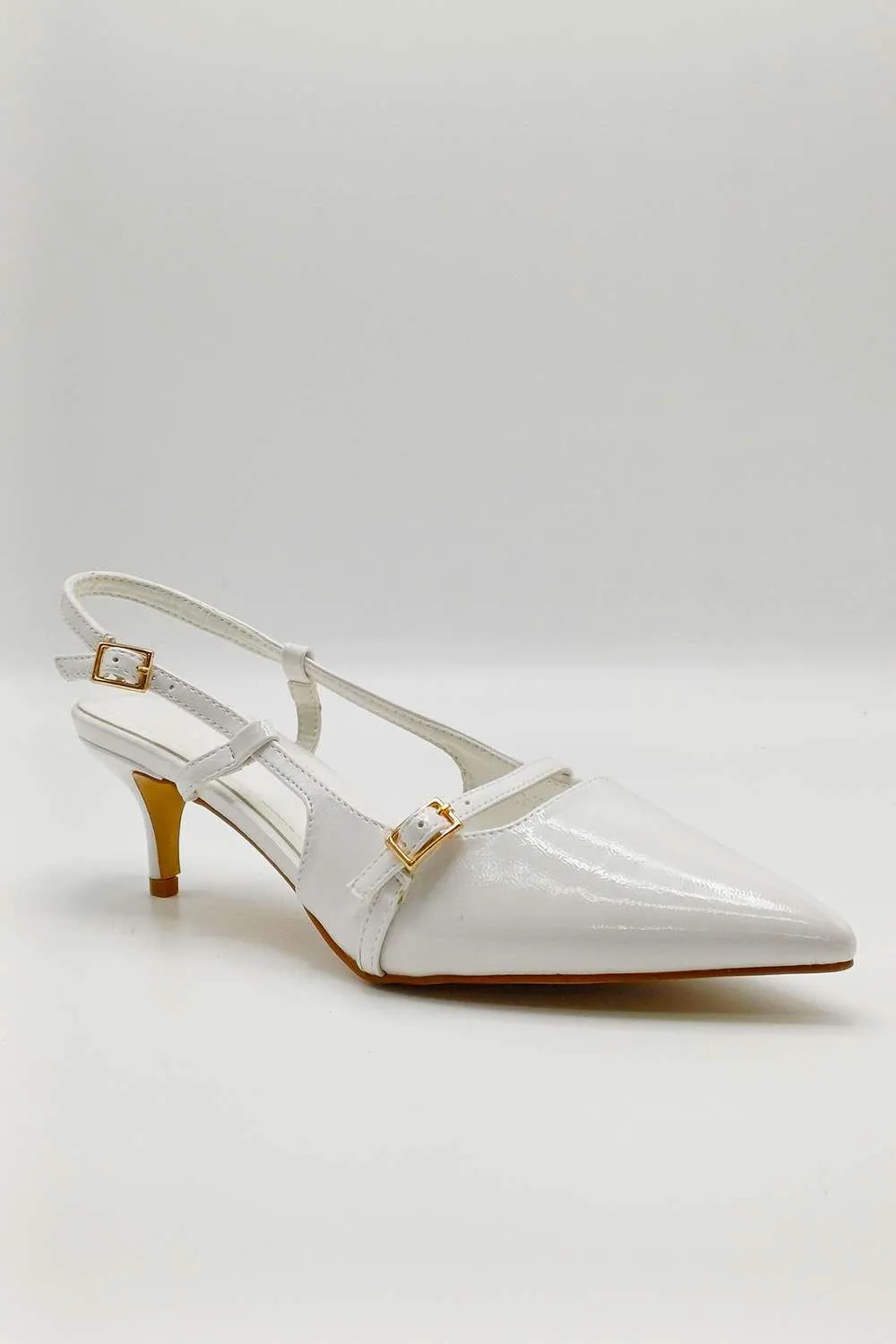 Moranna Buckle Strap Kitten Heel Court Shoes in White