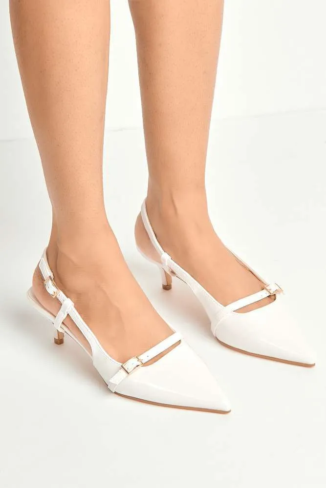 Moranna Buckle Strap Kitten Heel Court Shoes in White