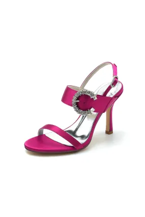 Open Toe Satin Heels with Crystal Buckle