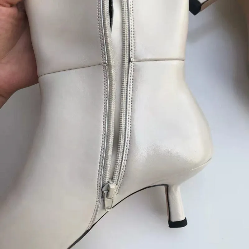 Riding Boots for Women in White/Black Leather - Kitten Heel Tall Boots Slimming Boots