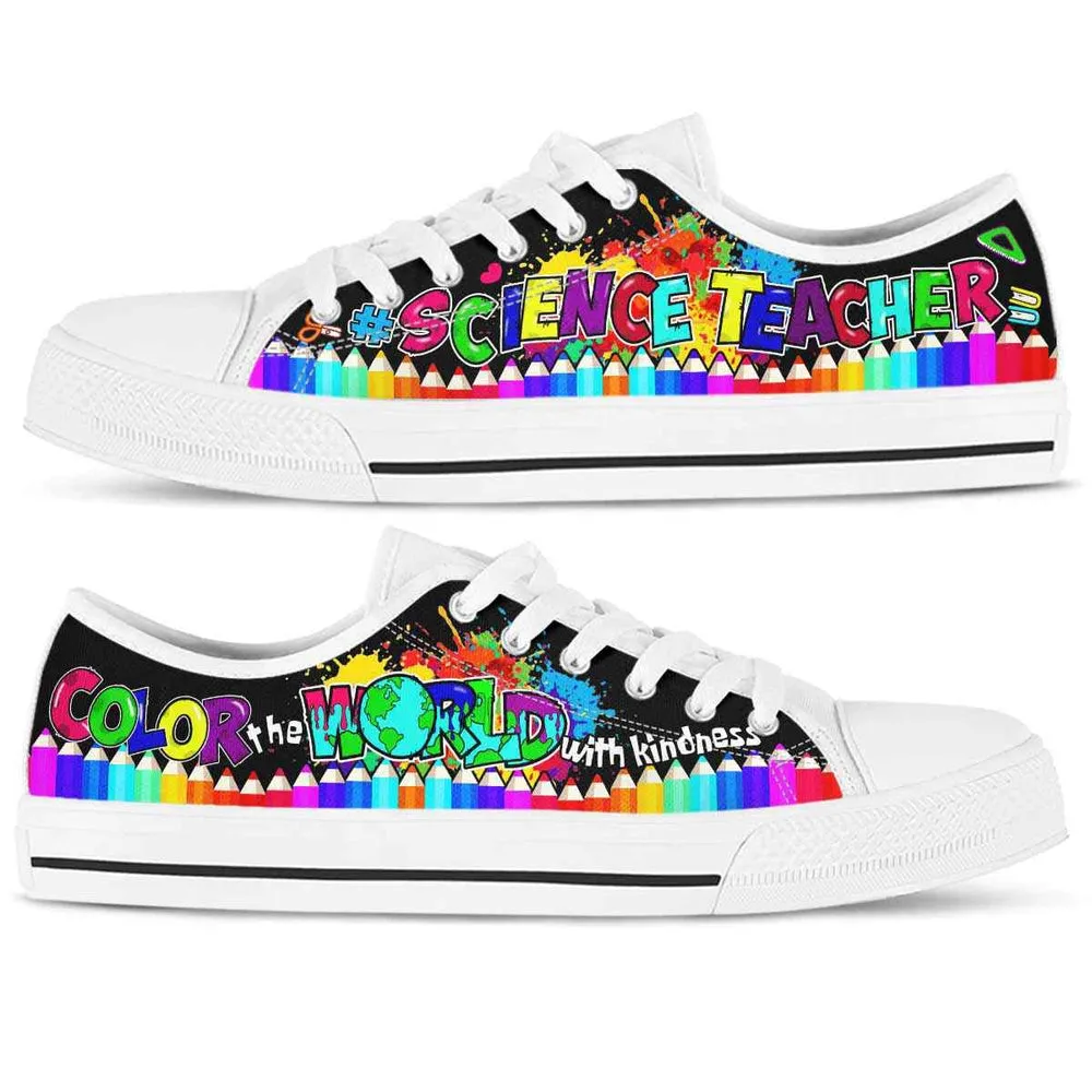 Science Teacher School Color The World With Kindness Low Top Shoes, Teacher Shoes, Low Top Sneakers