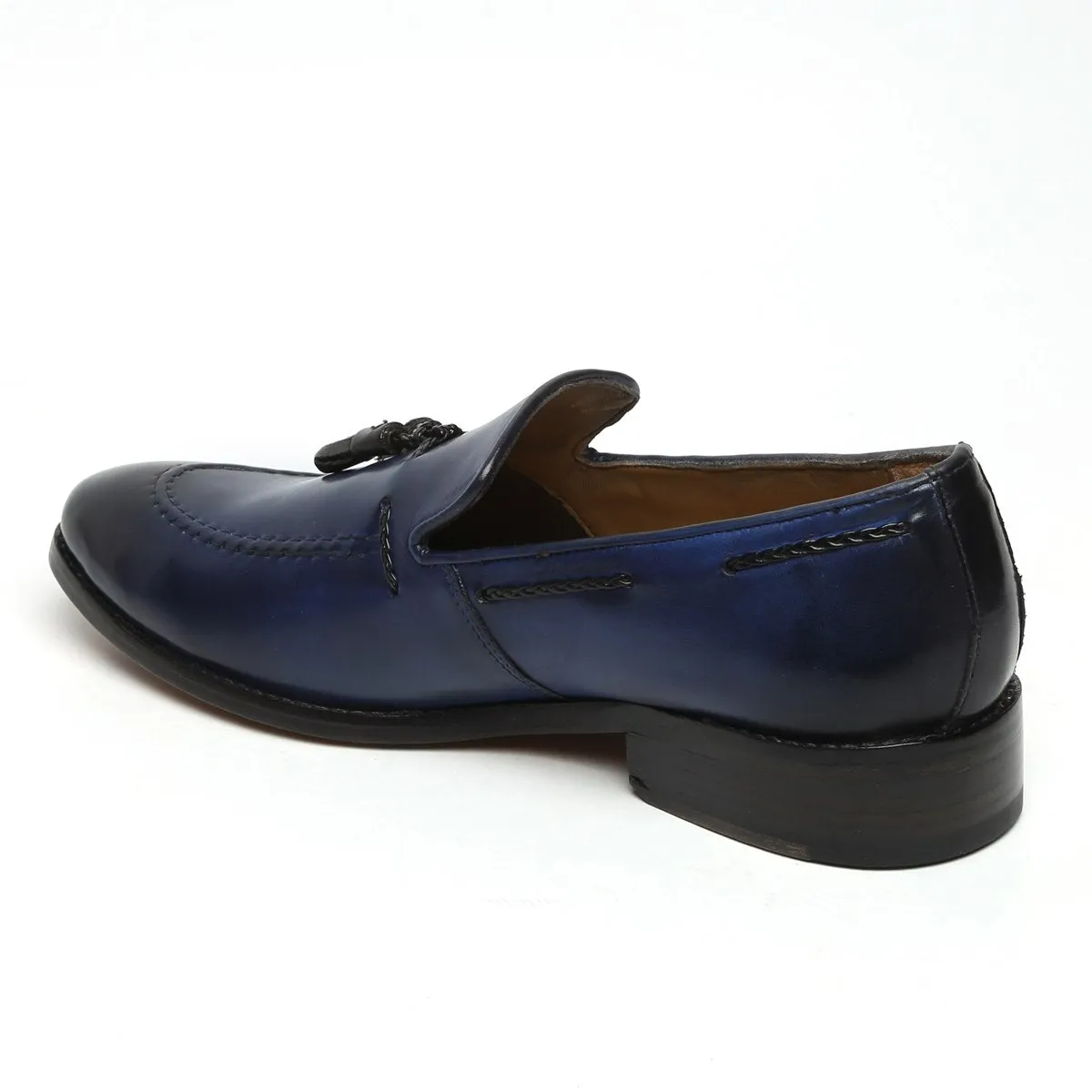 Side Lacing Tassel Loafers in Navy Blue Genuine Leather By Brune & Bareskin