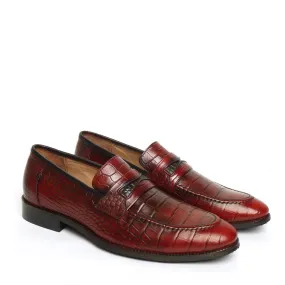 Wine Croco Print Leather Mod Look Loafers by Brune & Bareskin