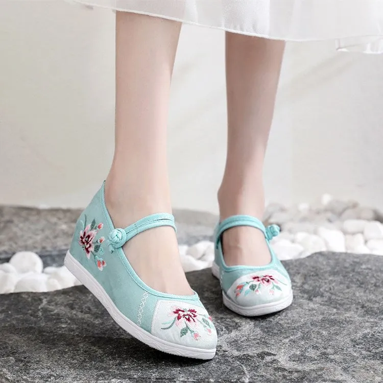 Women's Cheongsam Round Head Mesh Height Increasing Canvas Shoes